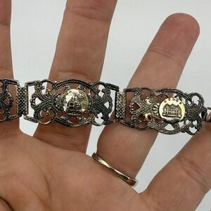 Vtg Ornate Filigree Link Bracelet‎ silver Tone Paris depose Crest 7" long